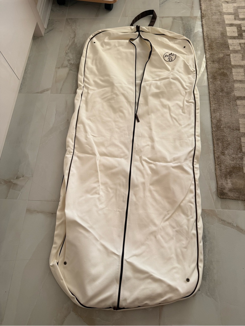 HERMES Cream Garment Bag with Black Piping